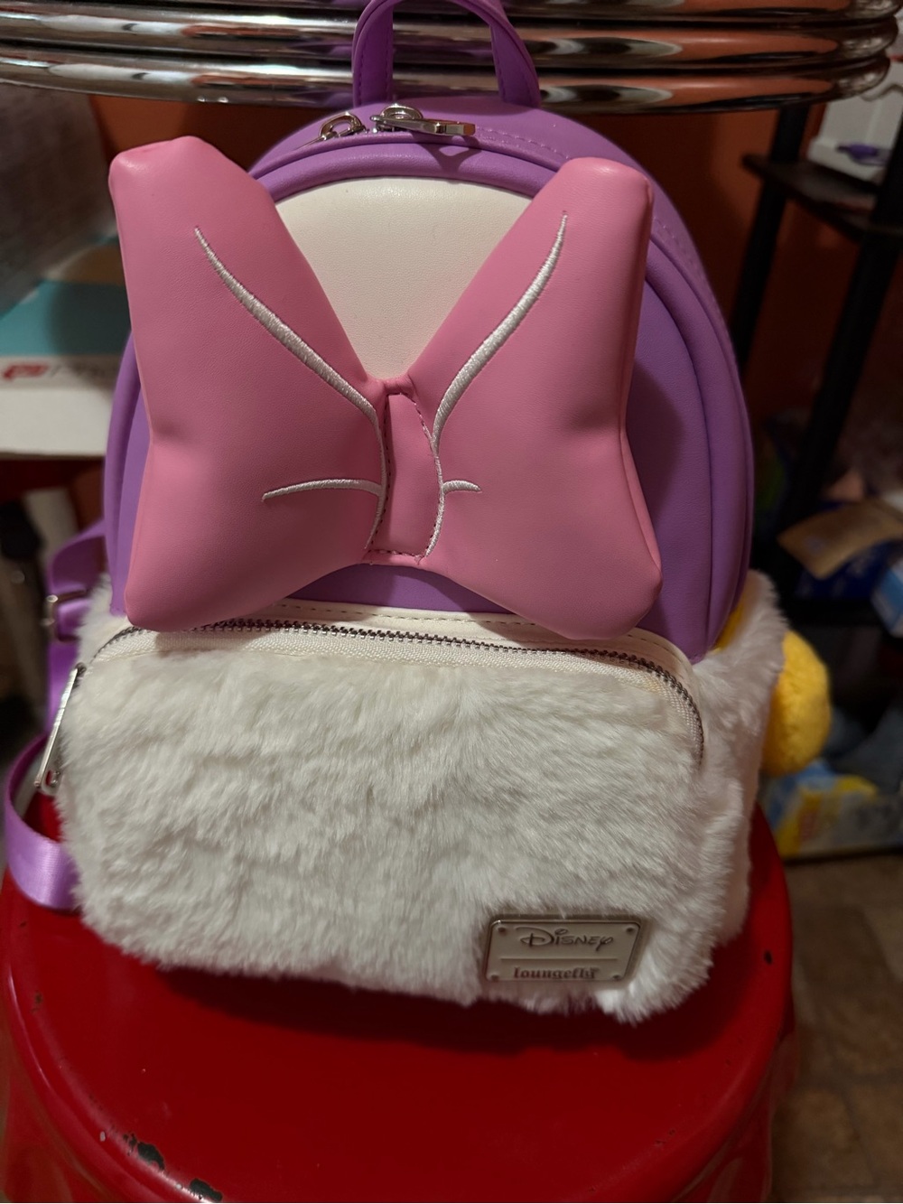 Daisy Loungefly Backpack in Pink and Purple with White Faux Fur